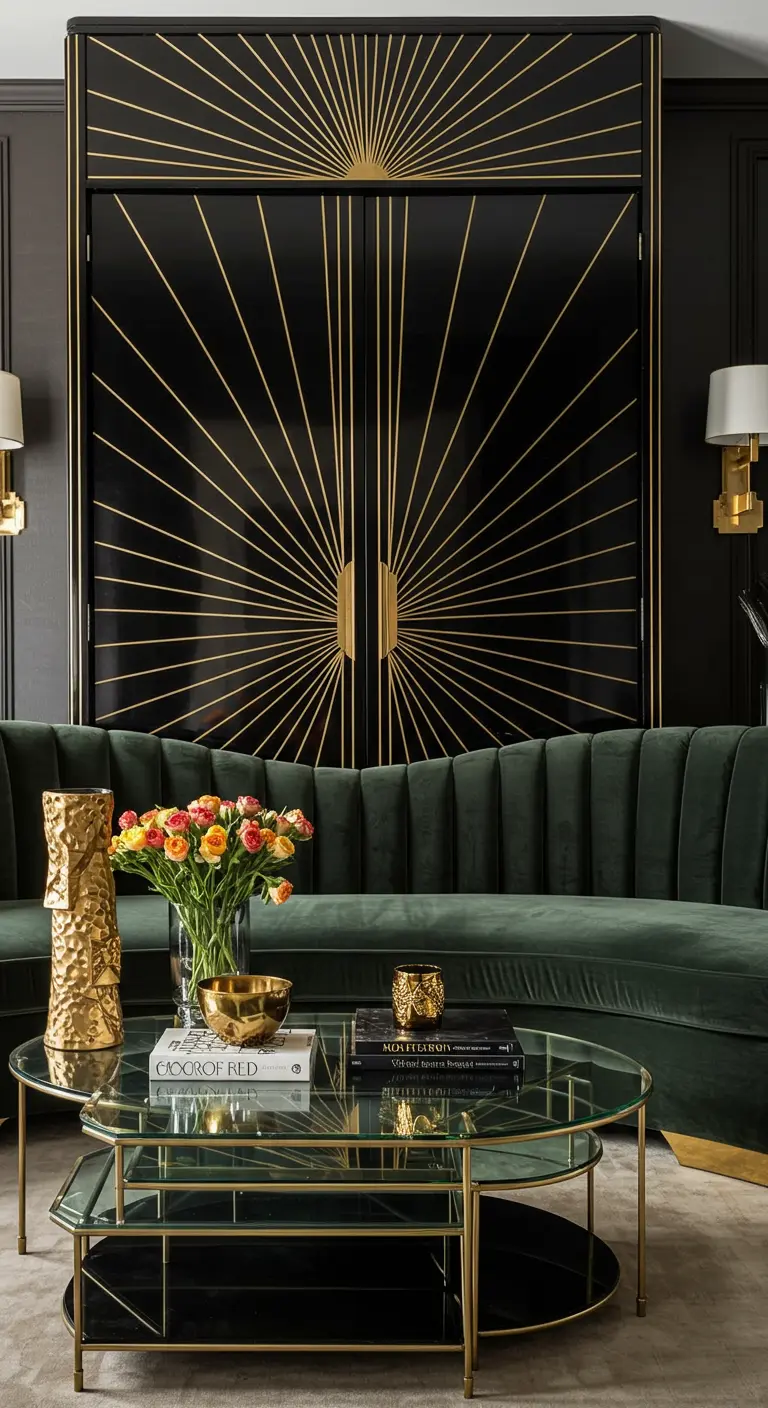 Black Murphy bed doors with a dramatic gold sunburst inlay in a glamorous room.