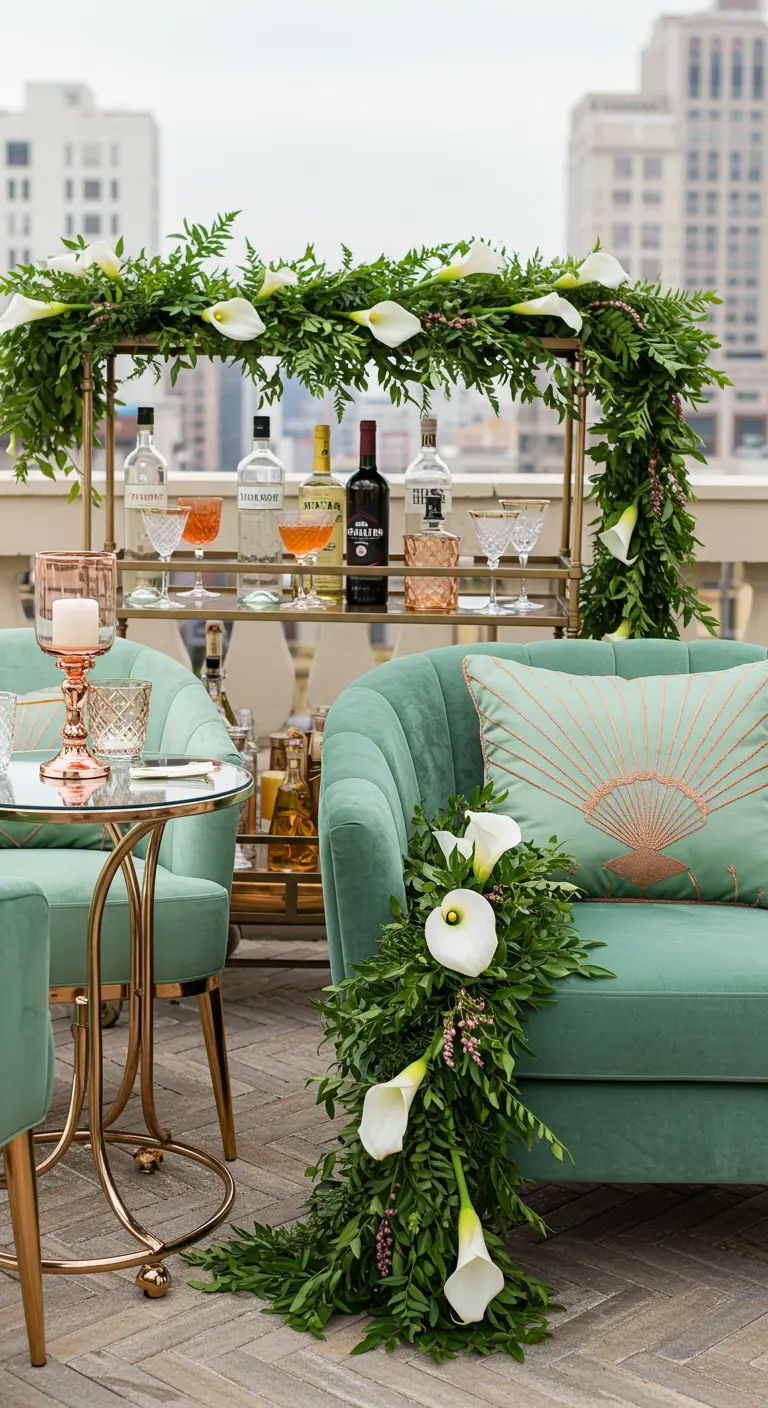 An outdoor bar cart draped in a green garland with white calla lilies, next to mint green velvet chairs.