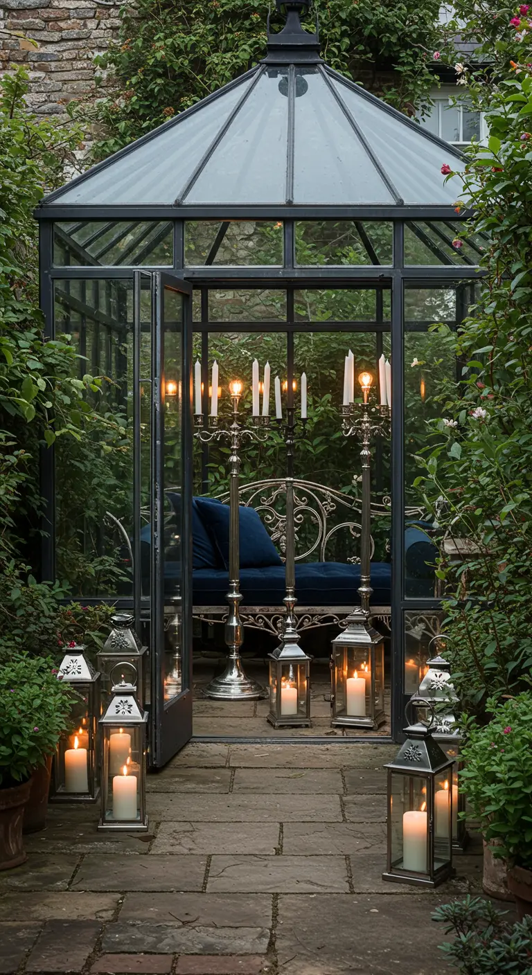 Greenhouse interior with a navy daybed, lit by tall silver candelabras and lanterns.
