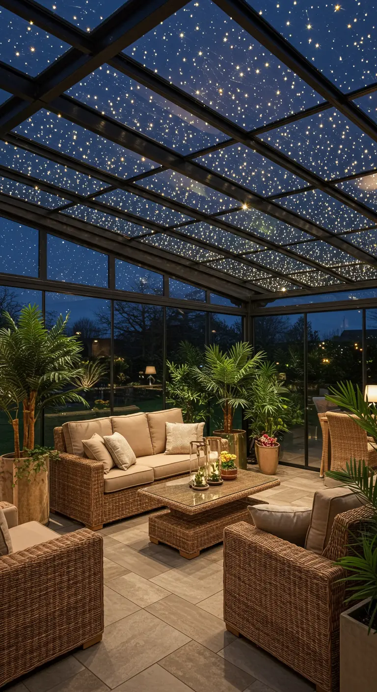 A conservatory with a glass roof covered in tiny fairy lights, creating the effect of a starry sky.