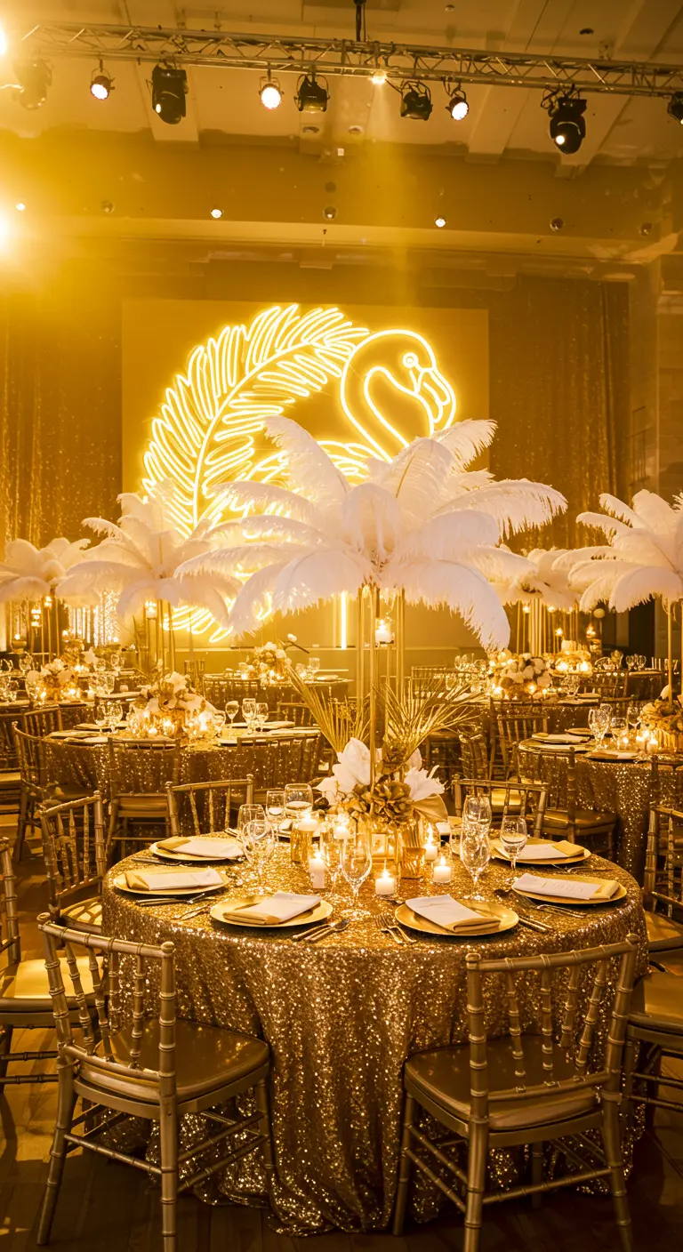 Opulent gold ballroom party with sequin tablecloths and feather centerpieces.