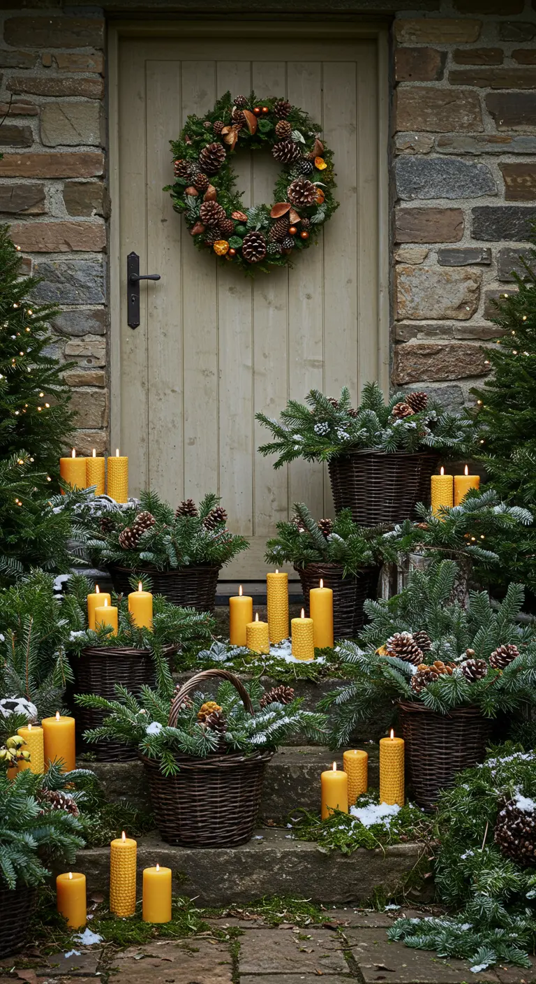 A rustic stone entryway filled with baskets of pine branches and lit beeswax candles of various heights.