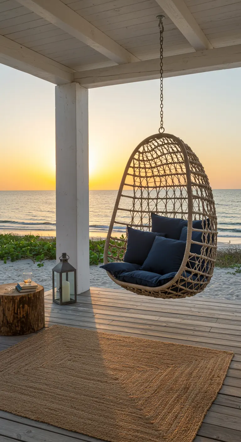 Rope-wrapped swing chair on a wooden deck overlooking the ocean at sunset.