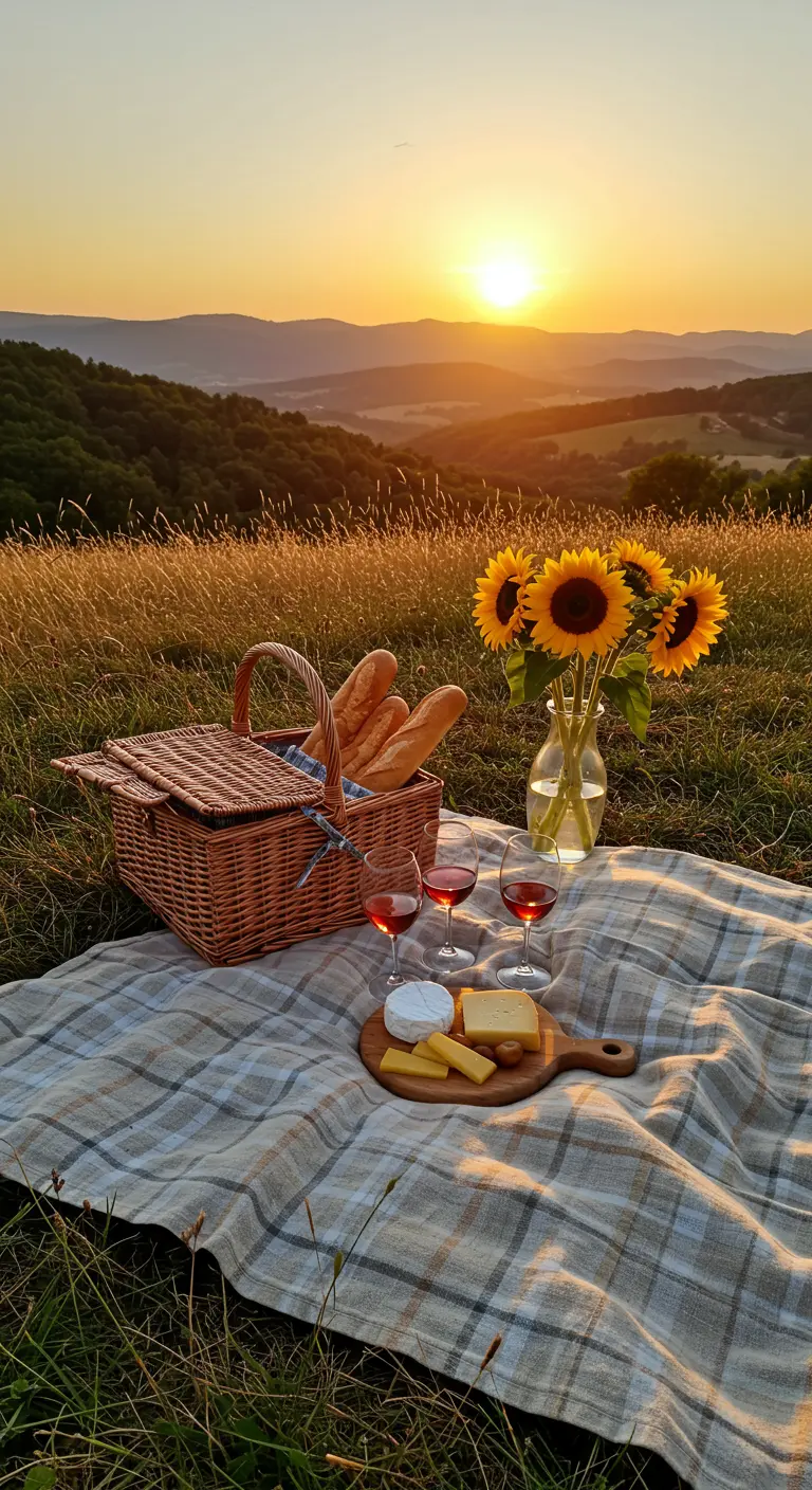 A picnic blanket with a basket, wine, cheese, and a vase of sunflowers at sunset.