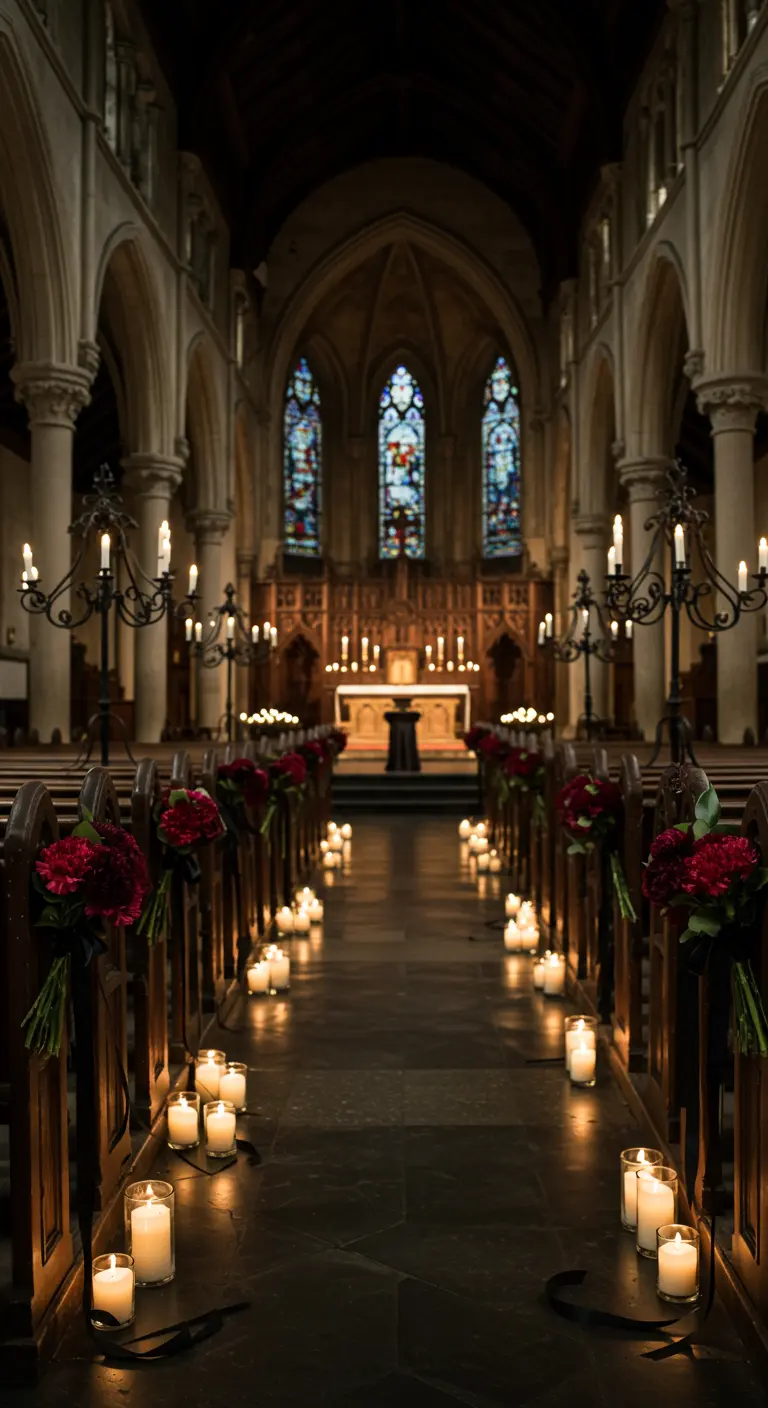 Church aisle lined with candles and pews decorated with single burgundy flowers and black ribbons.