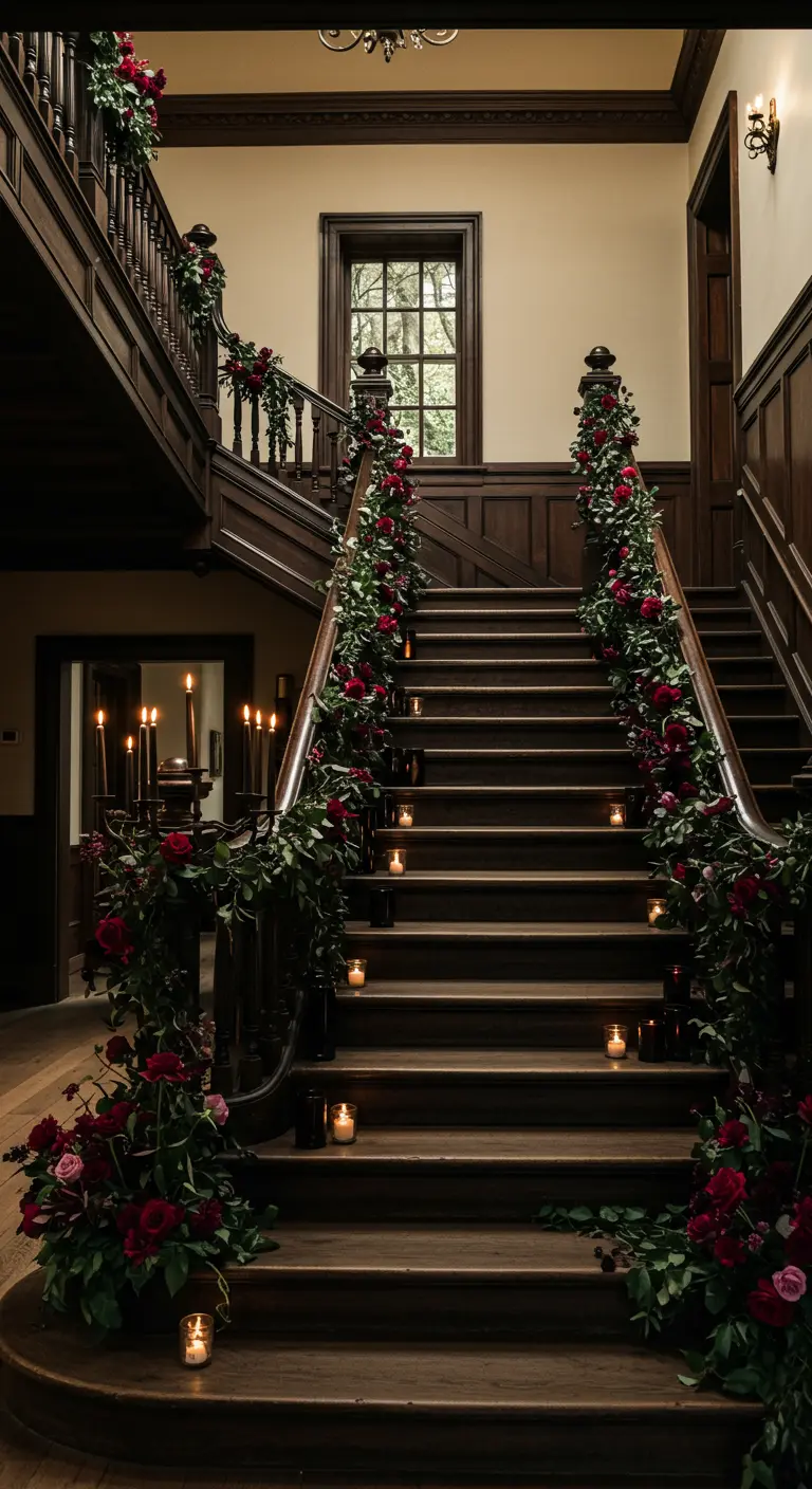 A grand wooden staircase adorned with cascading burgundy floral garlands and candles on the steps.