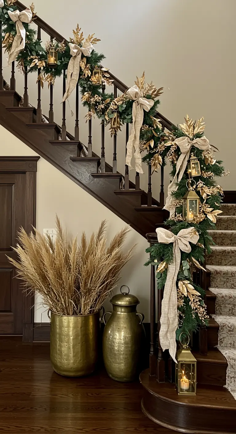 A staircase banister adorned with an evergreen garland, gold leaves, and mini lanterns.