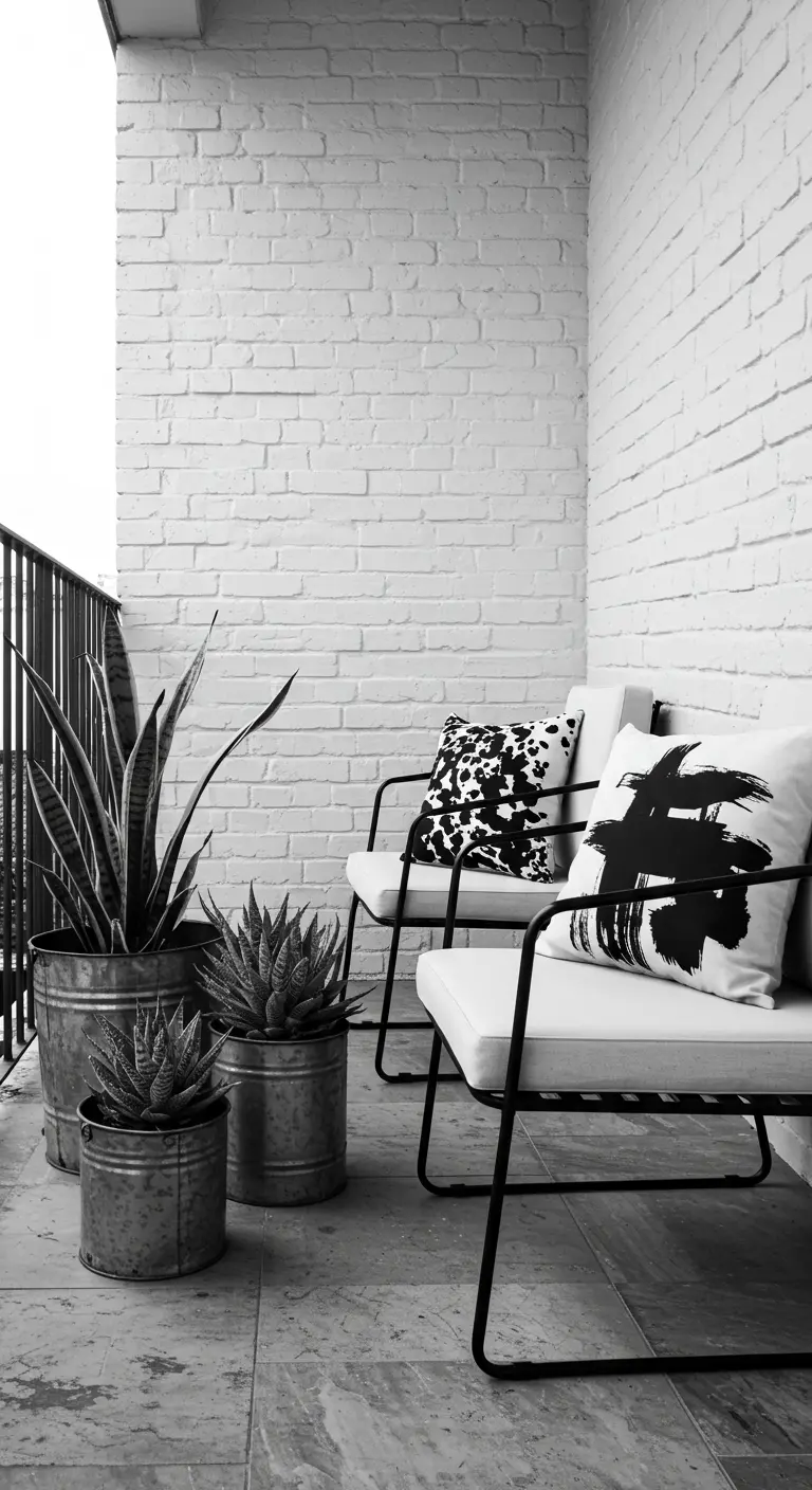 Black and white balcony with abstract pillows and succulents in metal pots.