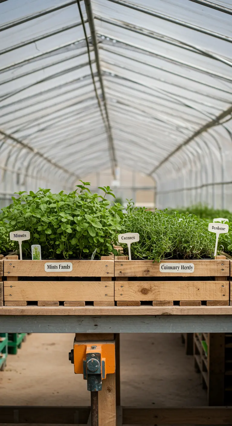 Wooden crates in a greenhouse filled with lush mints and other herbs.