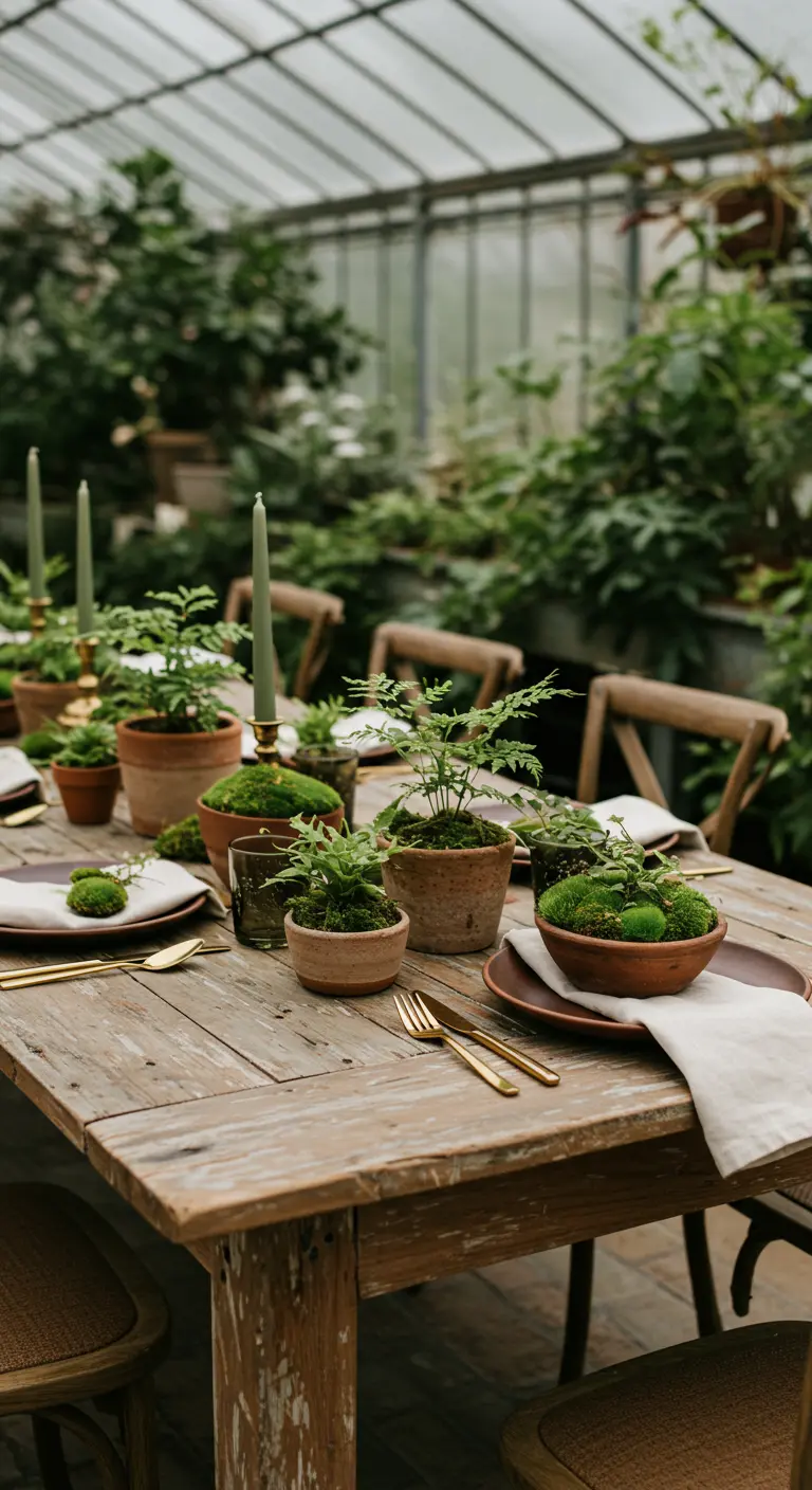 Rustic table in a greenhouse set with individual potted plants at each place setting.
