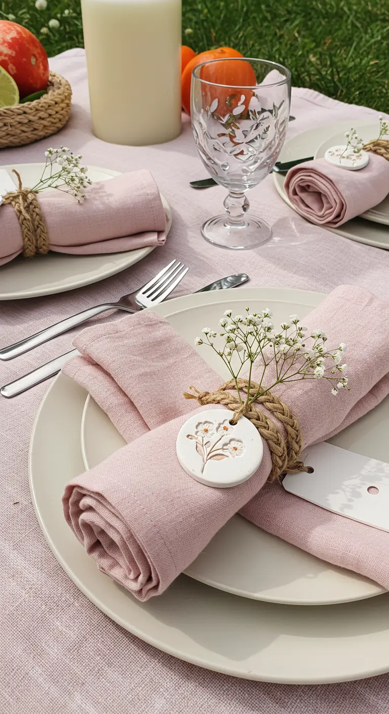 A close-up of a pink linen napkin tied with twine and a handmade white clay tag.