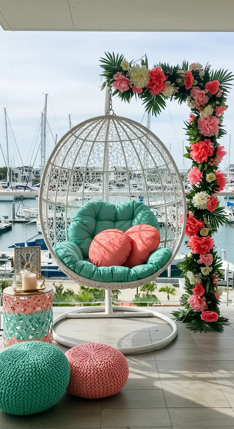 A white hanging egg chair on a balcony, framed by an arch of pink and white floral garland.