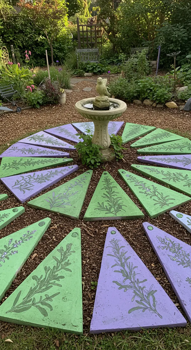 Triangular stepping stones painted green and purple with herb motifs around a birdbath.