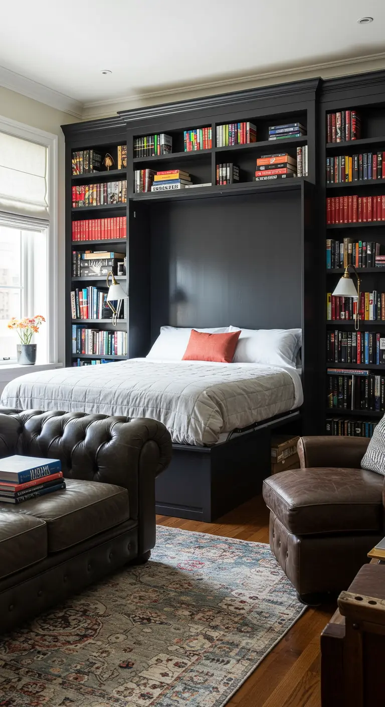 A black library wall with a central Murphy bed in a traditional living room.