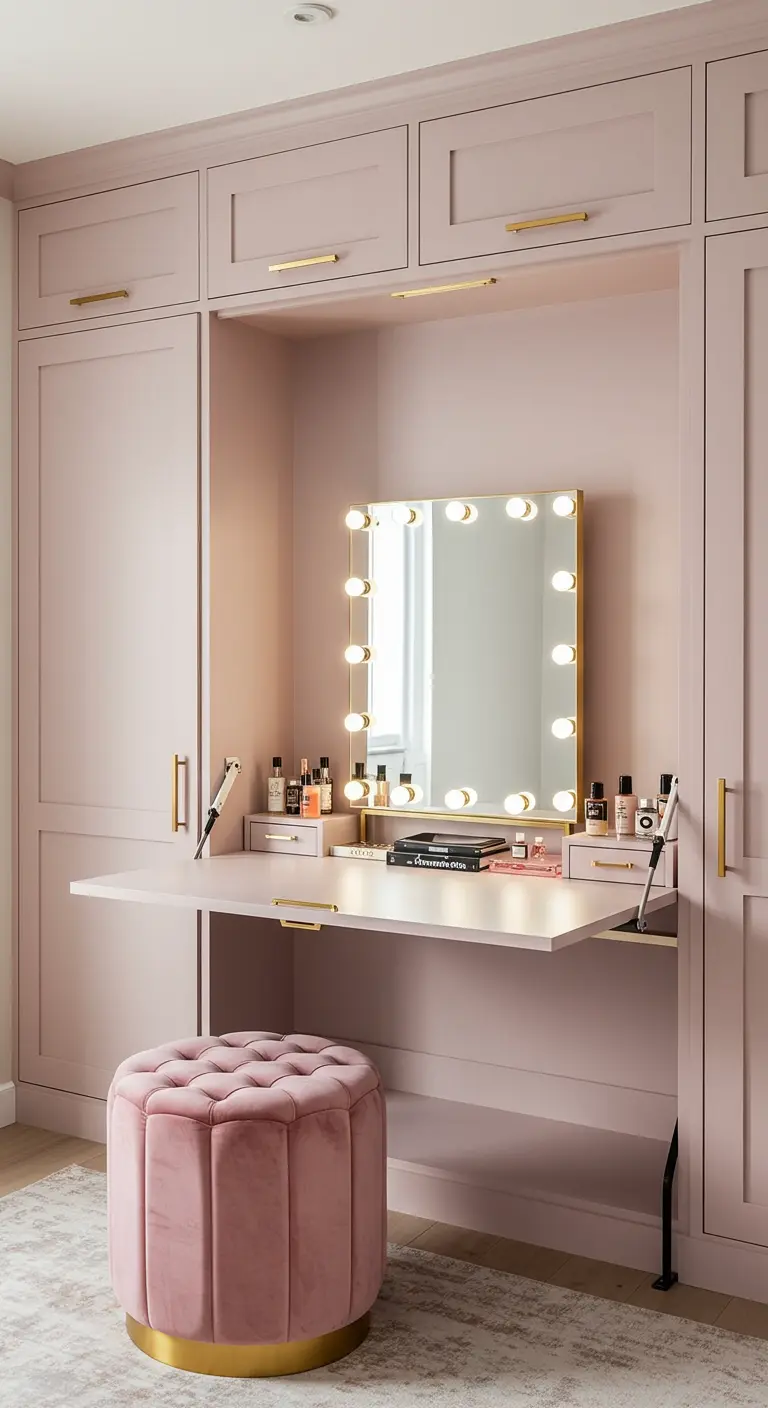 A blush pink Murphy bed unit with a built-in makeup vanity and lighted mirror.