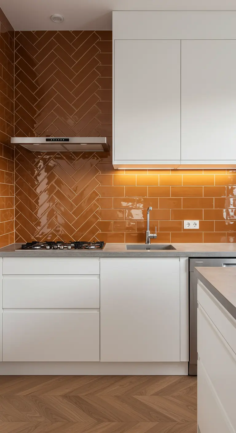 A modern kitchen with a glossy burnt orange herringbone tile backsplash.