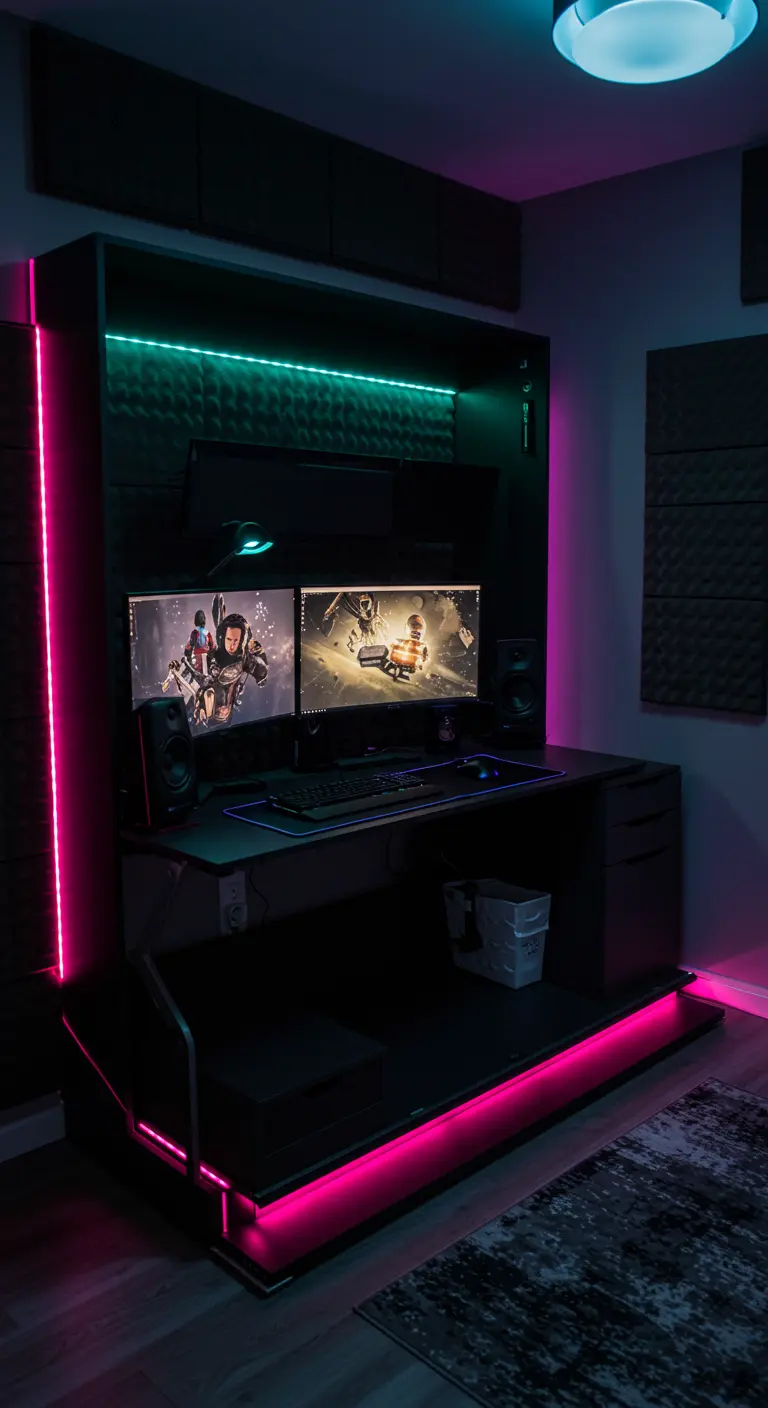 A gaming desk with neon lights built into a Murphy bed unit in a dark room.