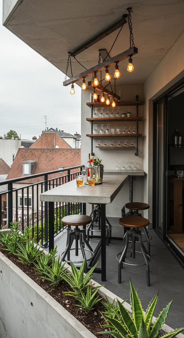 A balcony bar with a concrete countertop, industrial stools, and open shelving.
