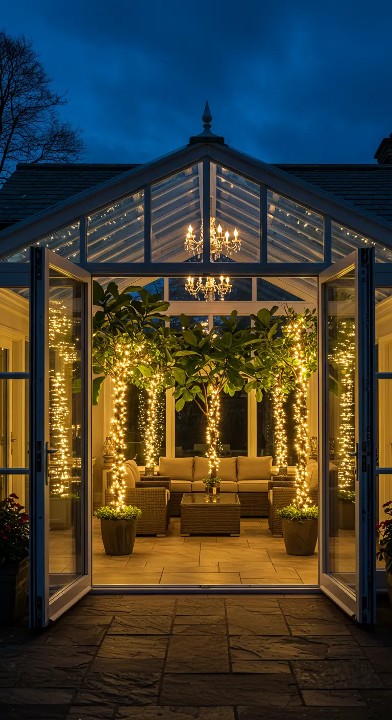 A glass conservatory with large potted trees whose trunks are wrapped in fairy lights.