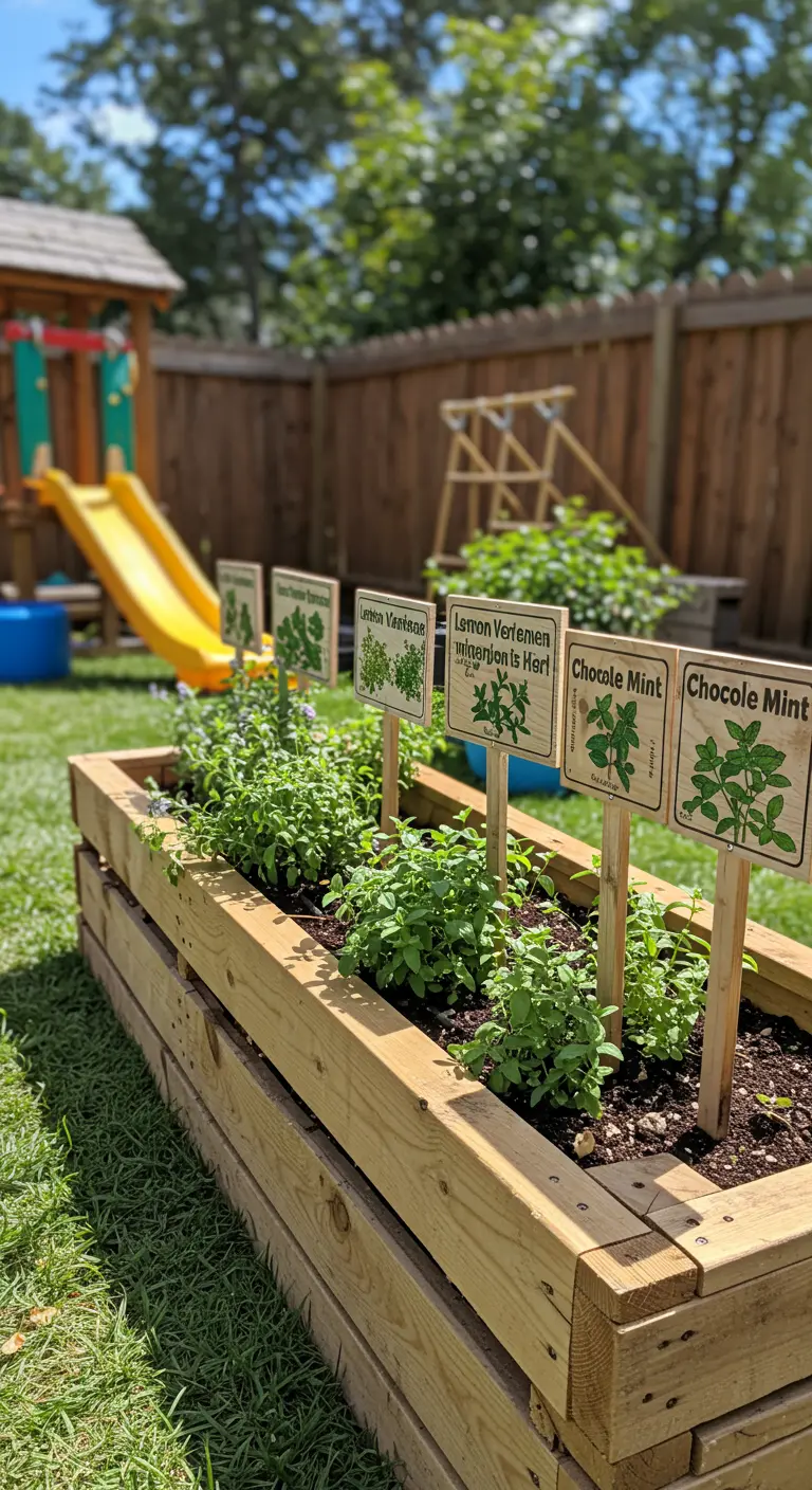 A light wood raised herb bed in a backyard with large, laminated, illustrated plant markers.