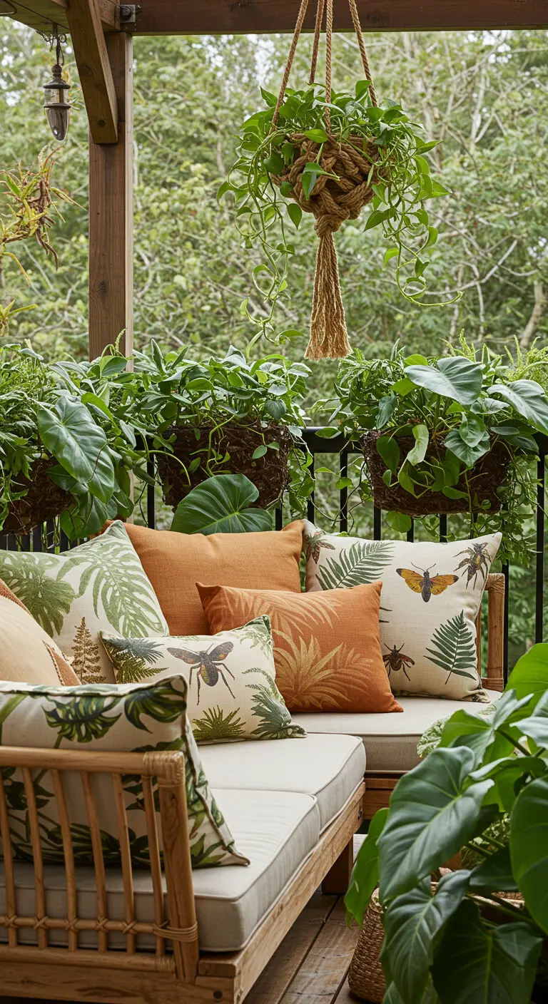 A wooden balcony bench surrounded by lush hanging baskets and potted plants.