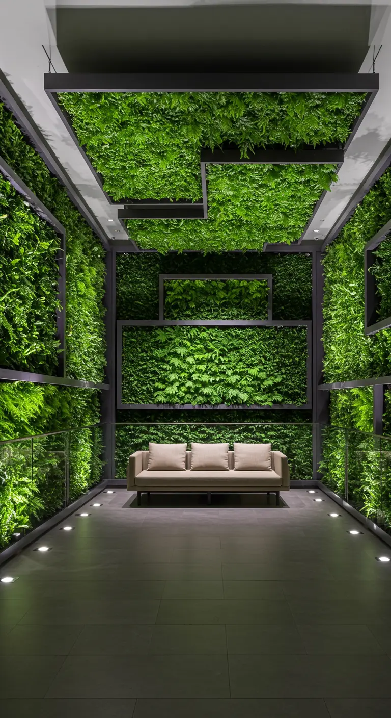 A room with green walls and a green ceiling, framed by dark metal, creating an immersive cube of foliage.