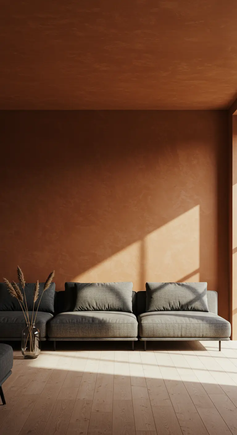 Minimalist living room with a textured burnt orange wall and a grey sofa.