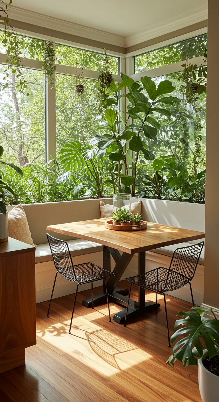 Bright dining nook surrounded by large windows and filled with lush green houseplants.