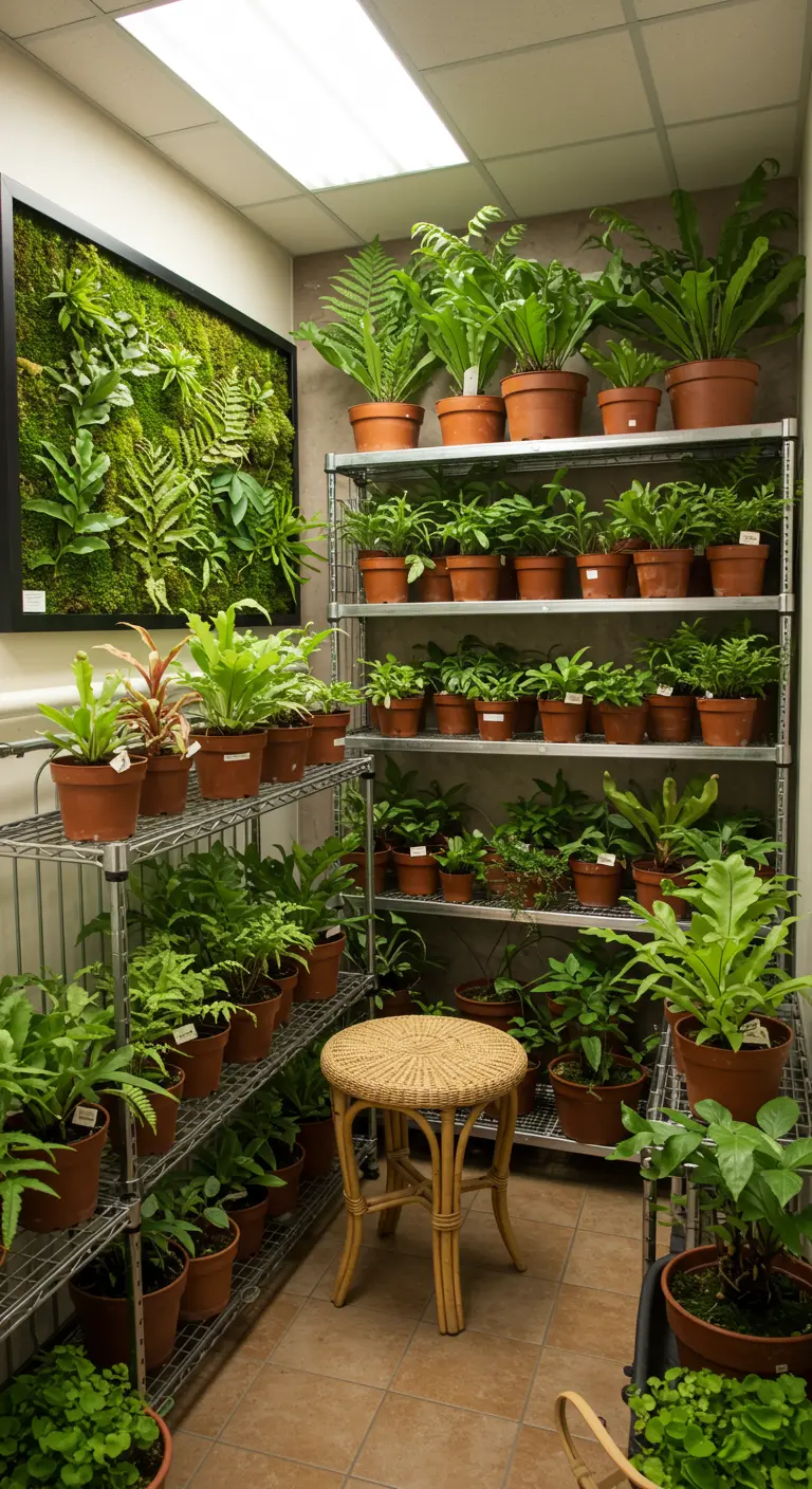An indoor room filled with ferns on metal shelves and a framed moss wall.