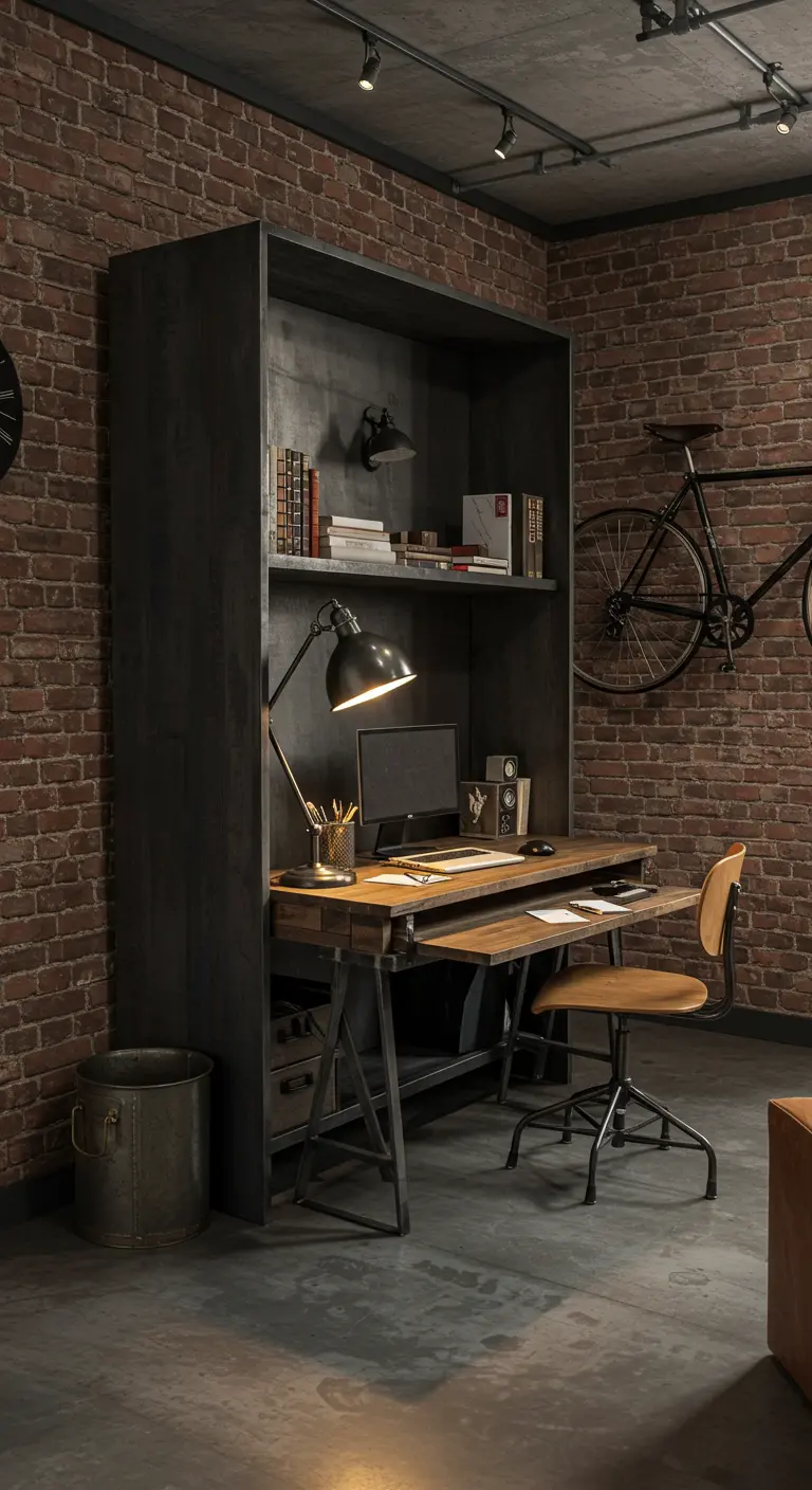 Industrial Murphy bed and desk unit in black metal against a red brick wall.
