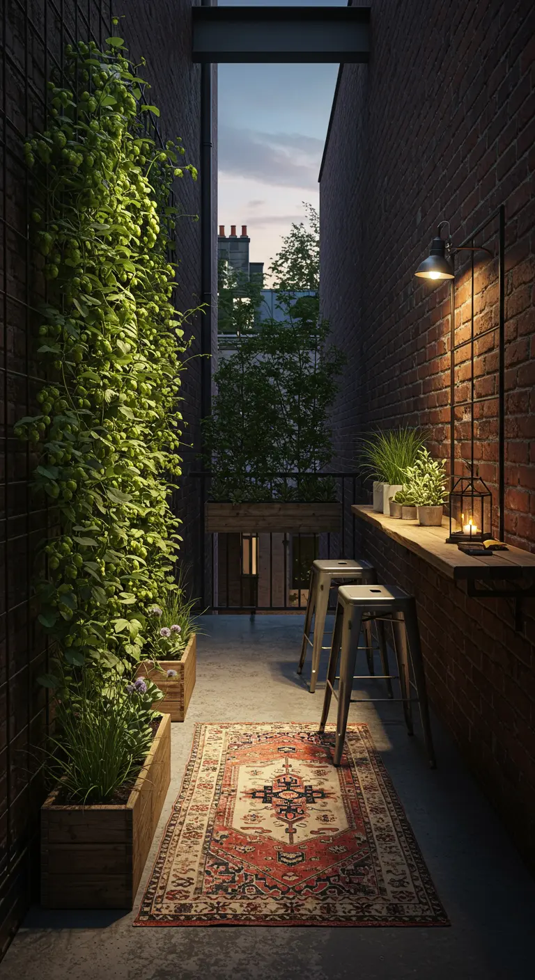 A narrow brick balcony with a climbing green wall, a high bar table, and a Persian rug.