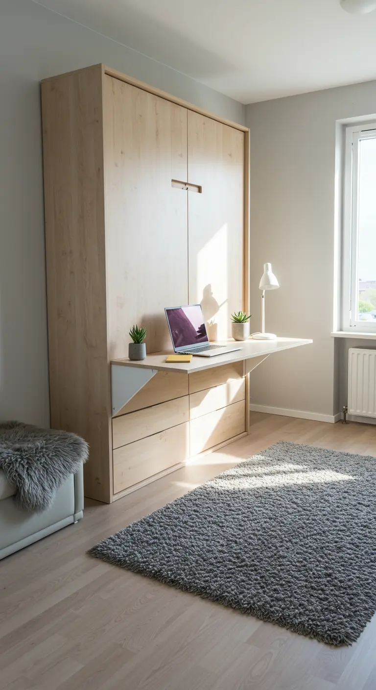 Light wood Murphy bed cabinet with an integrated fold-down desk in a minimalist room.