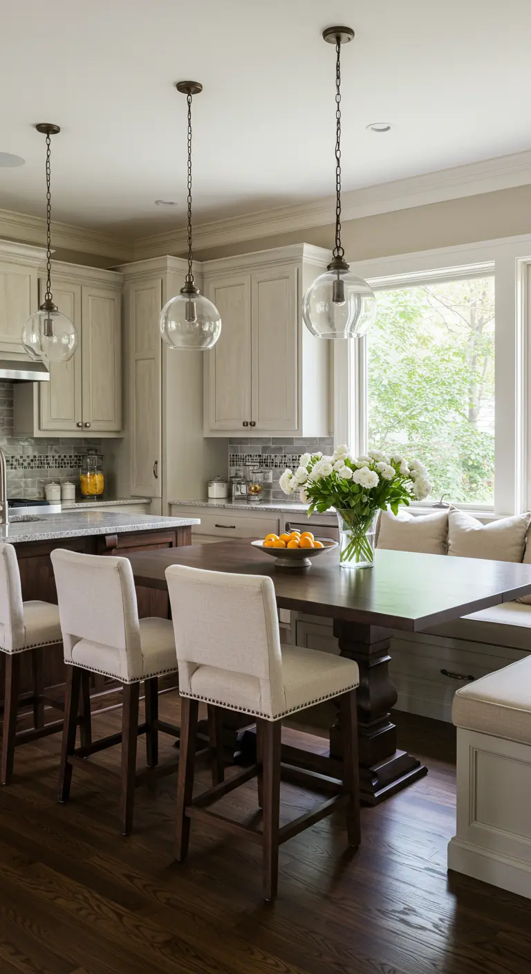 Kitchen where the dark wood island extends into a full-size dining table with a banquette.