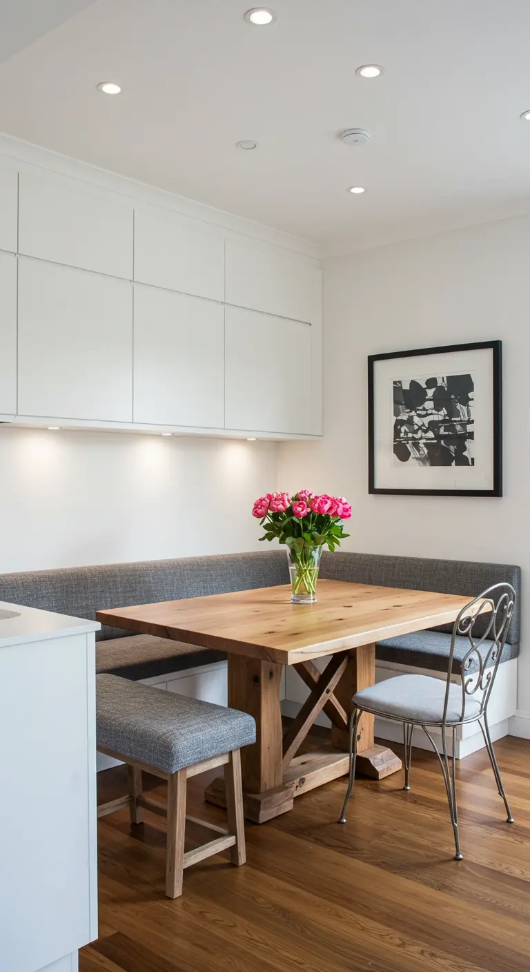 Modern kitchen nook with a grey upholstered banquette, wood table, and one ornate iron chair.