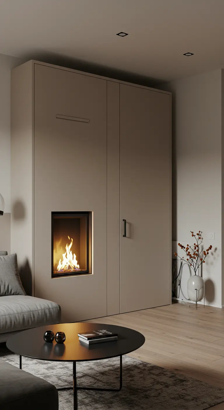 A beige, minimalist Murphy bed cabinet with a small, modern fireplace built-in.