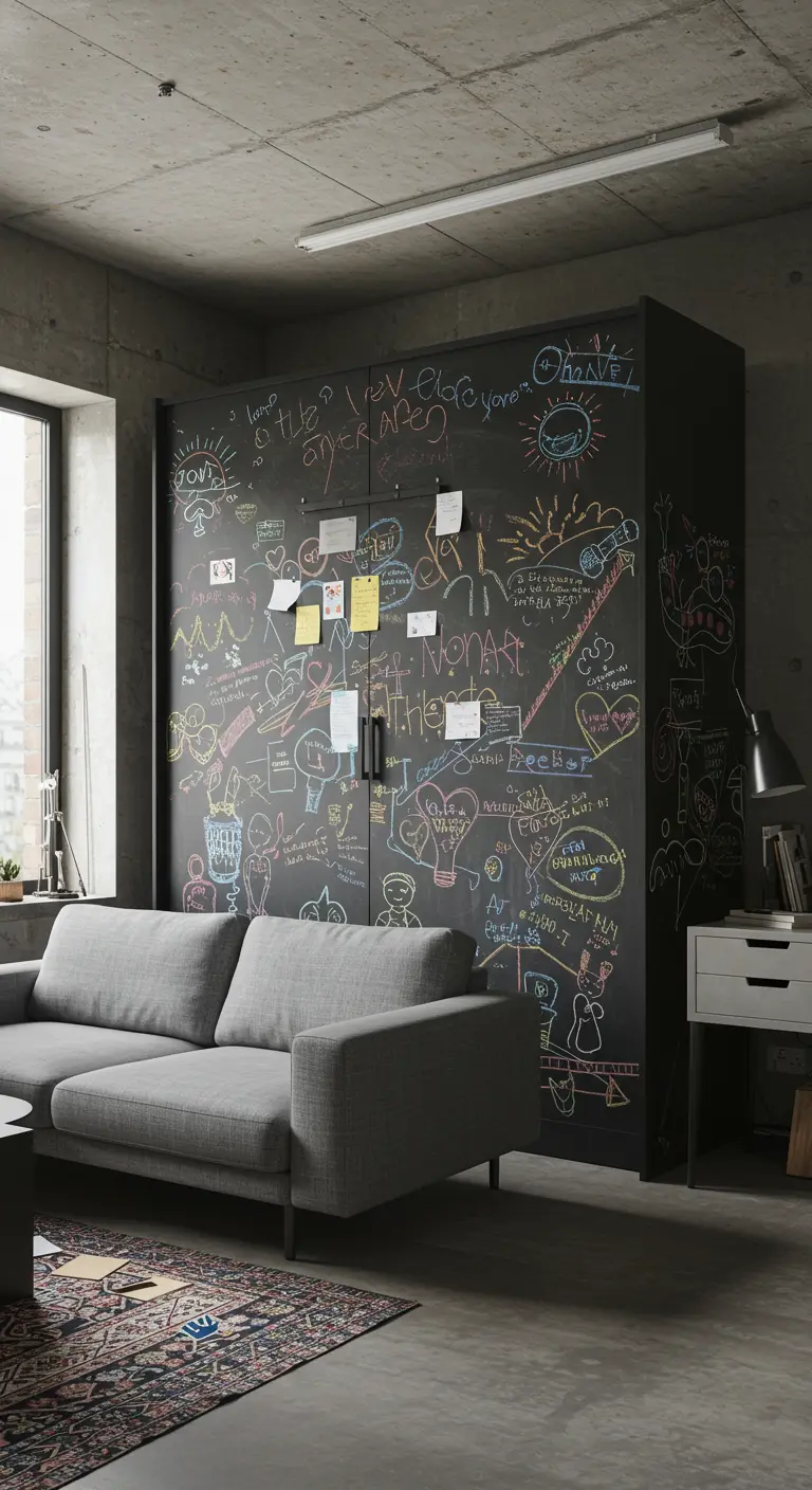 A black Murphy bed unit used as a large chalkboard covered in colorful drawings.
