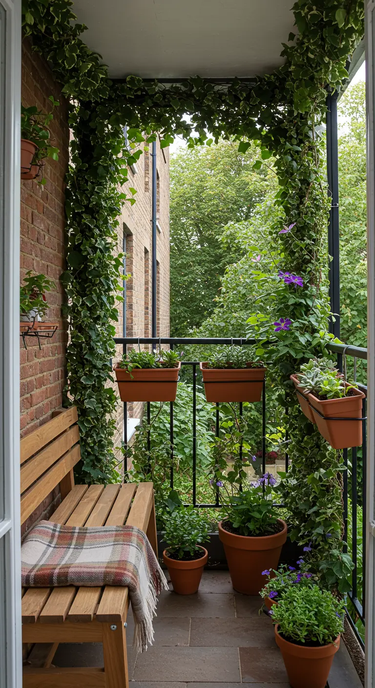 A balcony entrance framed by lush green ivy, with a wooden bench and terracotta pots inside.