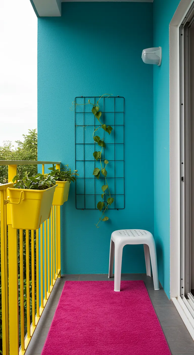 A brightly colored balcony with a teal wall, yellow railing planters, and a pink rug.