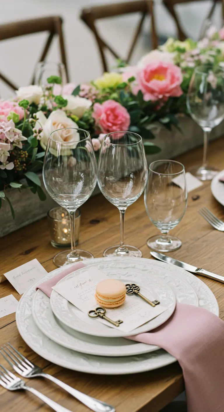 A close-up of a place setting with a pink macaron and two vintage keys on a menu card.