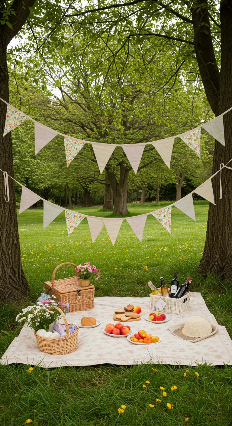 Two layers of bunting flags, one floral and one plain, hanging between trees over a picnic.