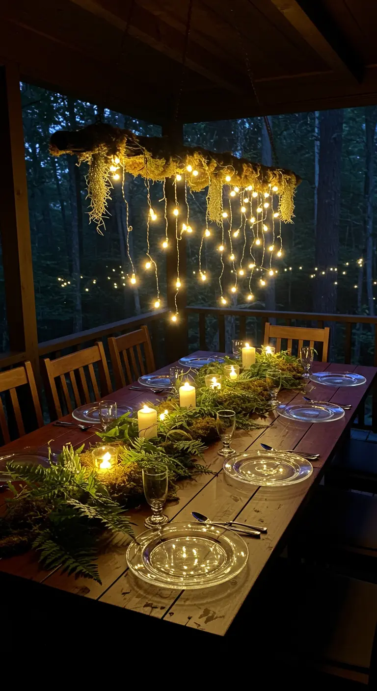 A dining table on a porch with a hanging light fixture made of moss, ferns, and lights.
