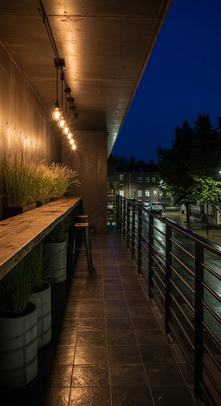 Narrow industrial balcony with a long wooden bar and a row of Edison bulbs.