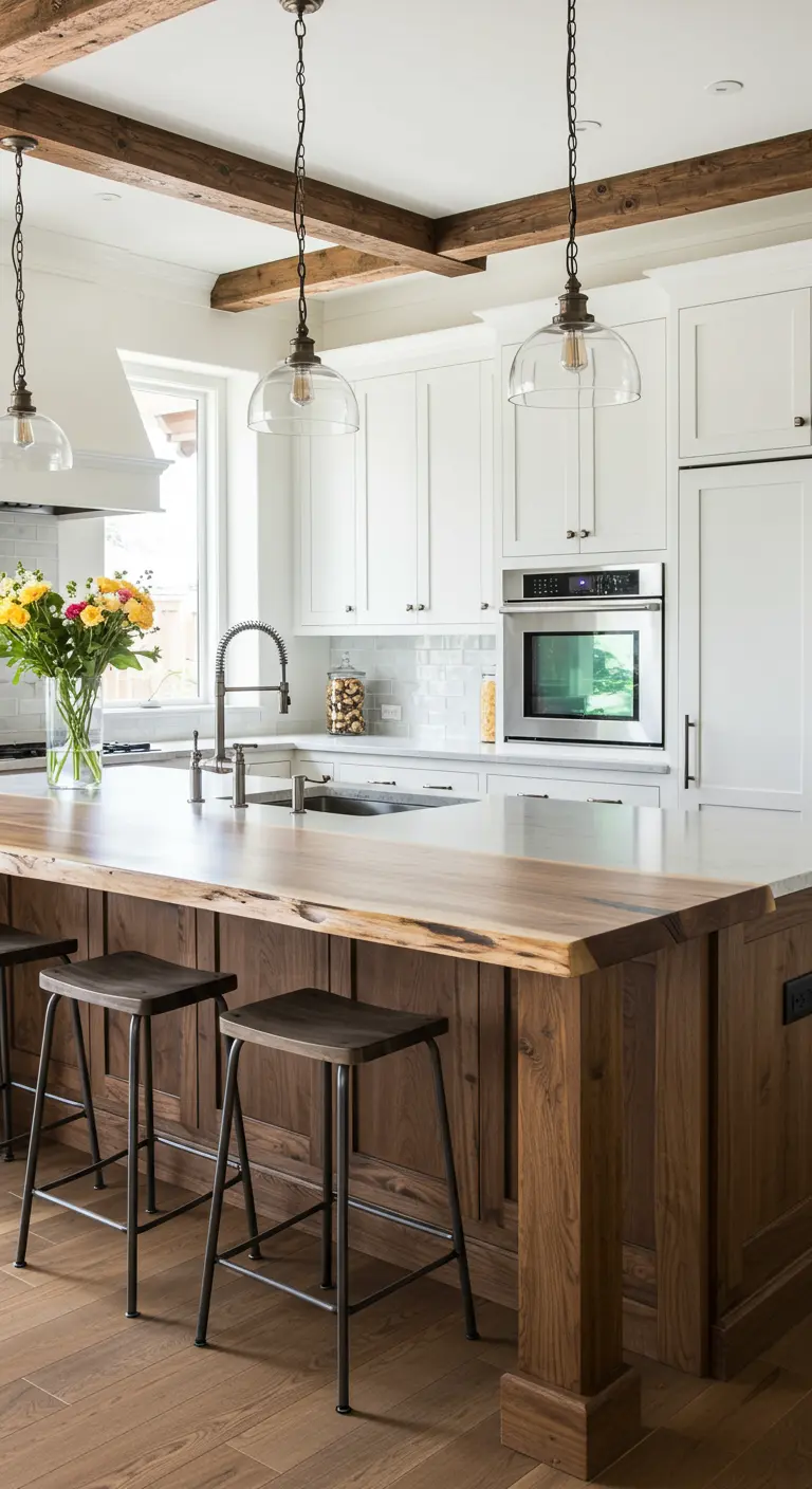 Modern farmhouse kitchen with a live-edge wood island countertop and industrial-style stools.