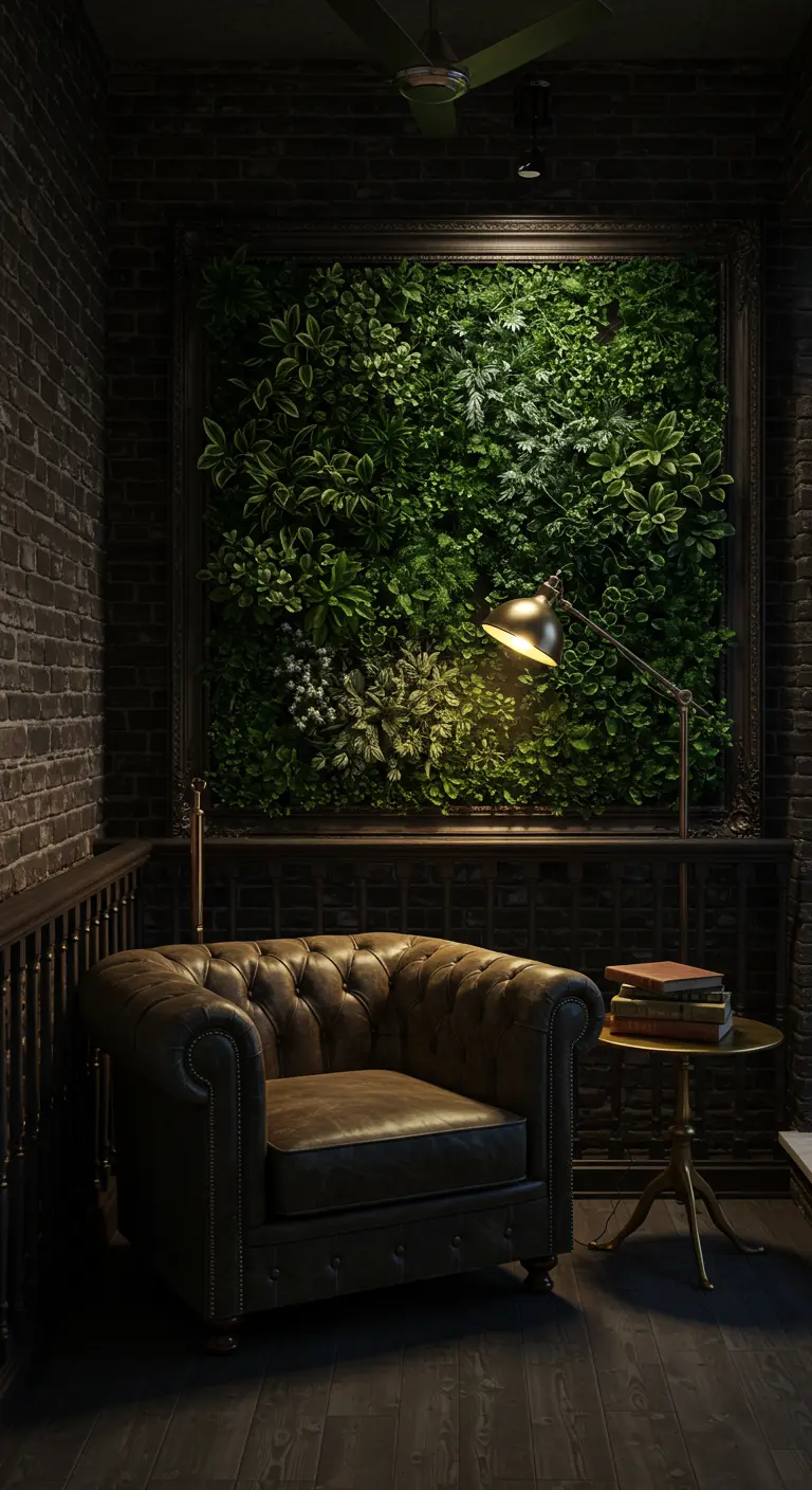 A framed green wall hanging above a leather Chesterfield armchair in a dark, moody reading corner.