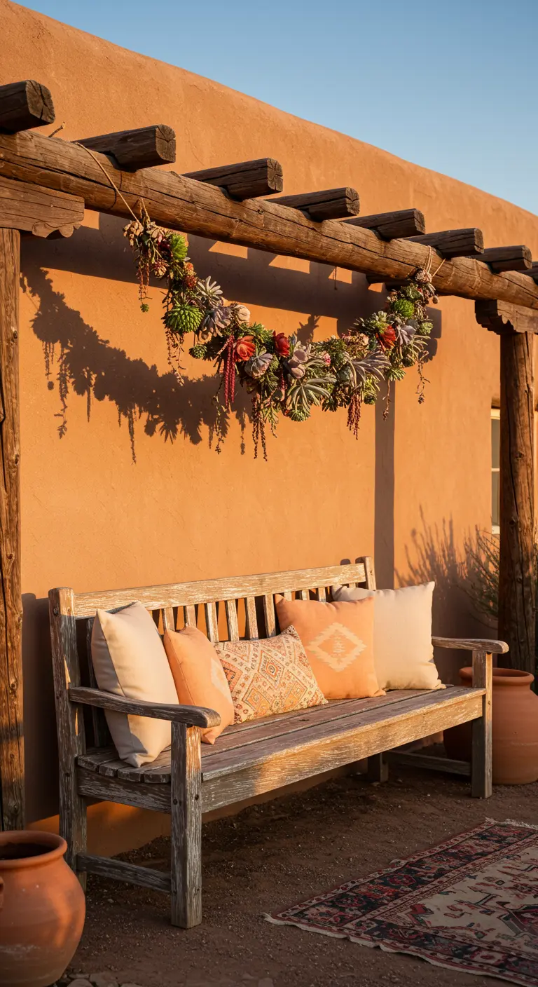 A rustic wooden pergola with a hanging garland made of various colorful succulents.