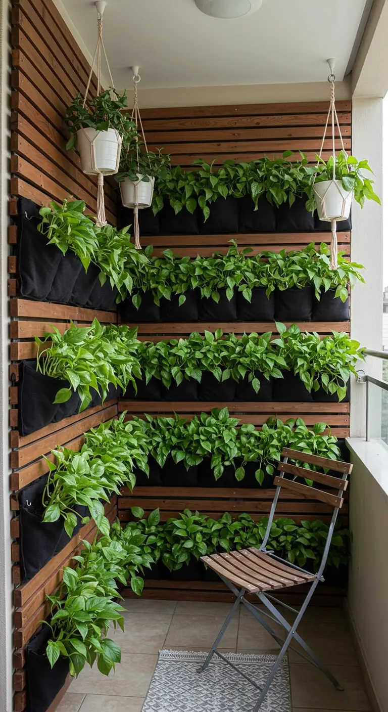 A full wall vertical garden on a balcony using black fabric pockets.