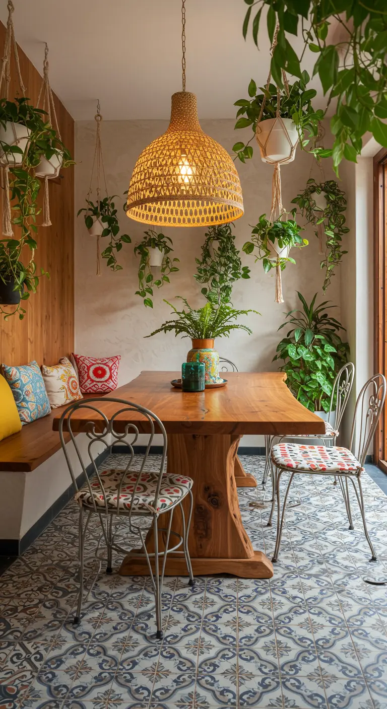 Bohemian dining nook with patterned floor tiles, hanging plants, and a large rattan pendant light.