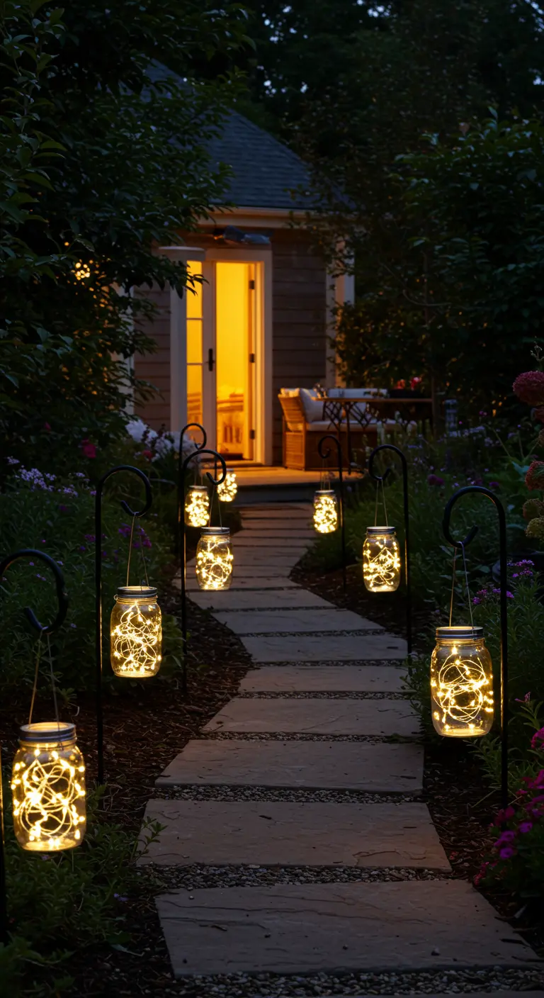 A stone garden path at night, lined with mason jars filled with fairy lights hanging from hooks.