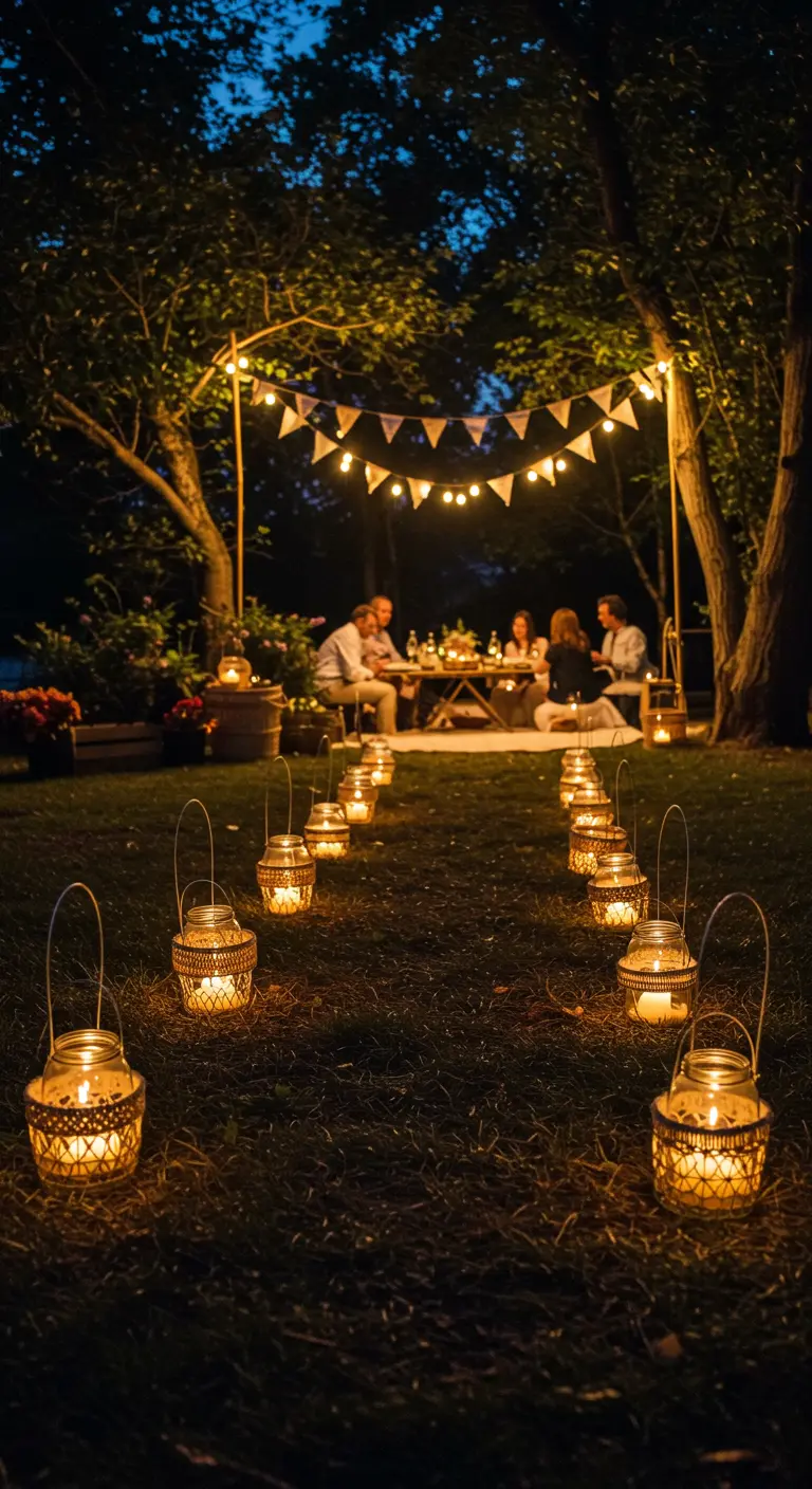 A pathway in the grass lined with glowing candle lanterns at dusk, leading to a picnic.