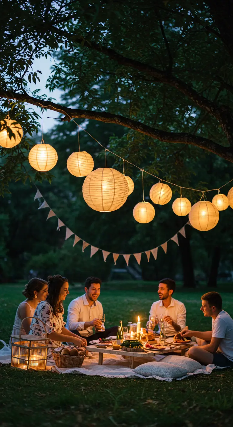 A group of friends at a nighttime picnic under a string of glowing paper lanterns.